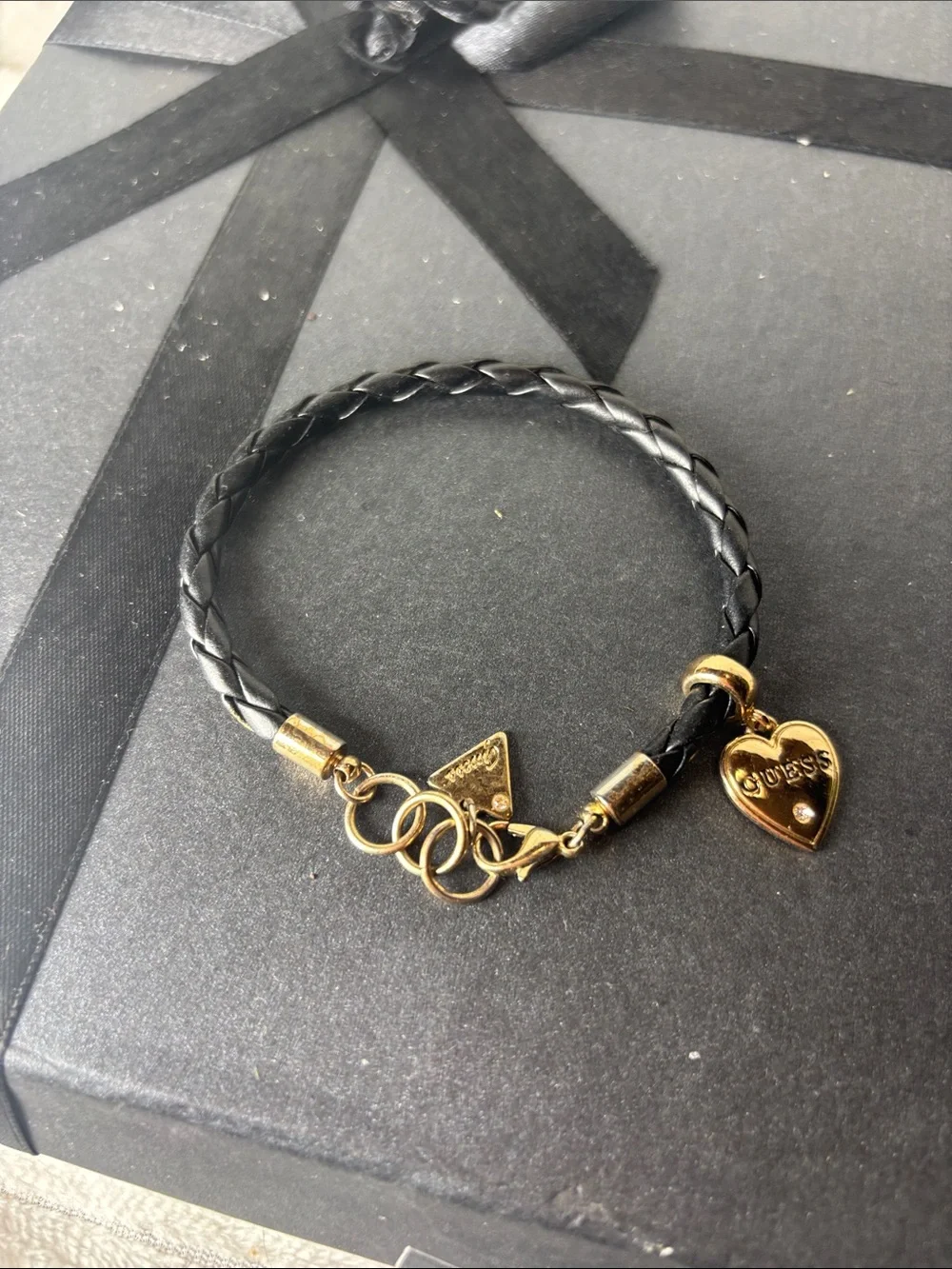 GUESS Black Braided Leather Bracelet with Gold Heart Charm Adjustable